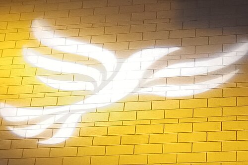 Cambridgeshire Lib Dems push for Fens UNESCO Biosphere designation Lib Dem logo bird projected on blockwork