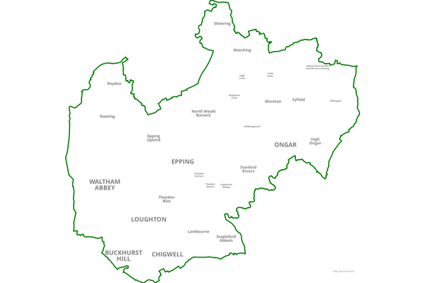 A map of Epping Forest district showing parish names