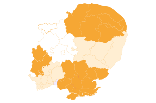 Map of the East of England in gold and yellow showing county and district boundaries